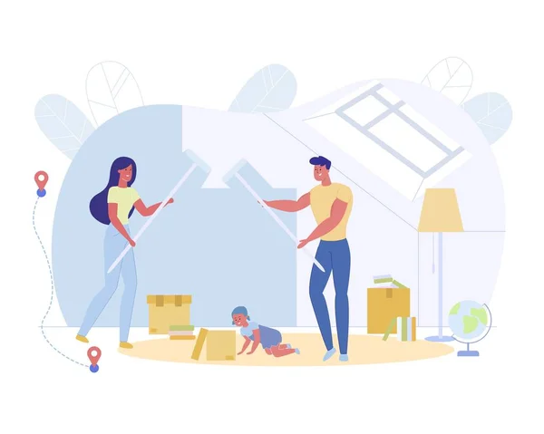 Young Family Makes Repairs in New House, Cartoon. — Stock Vector
