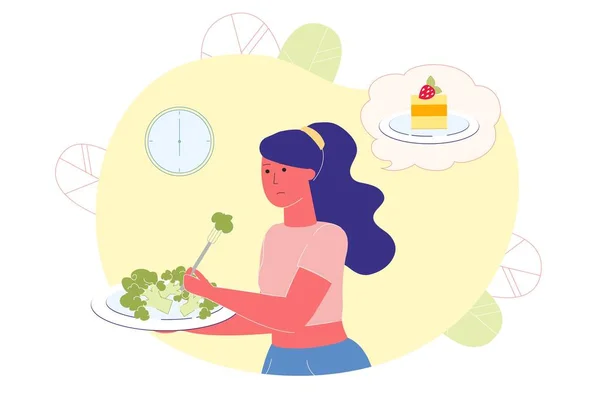 Mulher com excesso de peso come brócolis, pensa em bolo . — Vetor de Stock