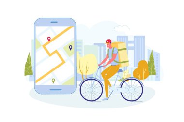 Courier Riding Bicycle with Bag, Map on Screen.