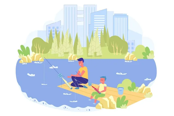 Brothers are Fishing in Beautiful Park with Pond. — Stockový vektor