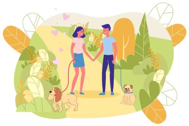Guy and Girl are Smiling, Walking Park with Dogs.