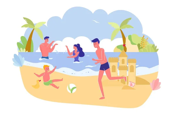 Vacances amusantes en famille entière sur la plage pour le week-end . — Image vectorielle