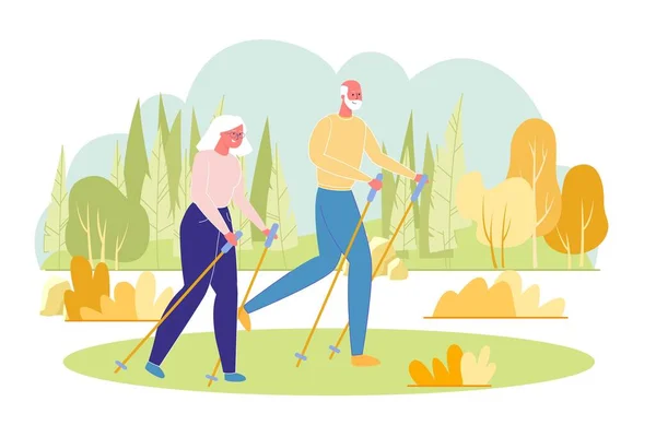 Nordic Walking and Chatting with Partner in Park. — Stock Vector