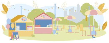 Food Market Cafeteria Wooden Stalls and Tables.