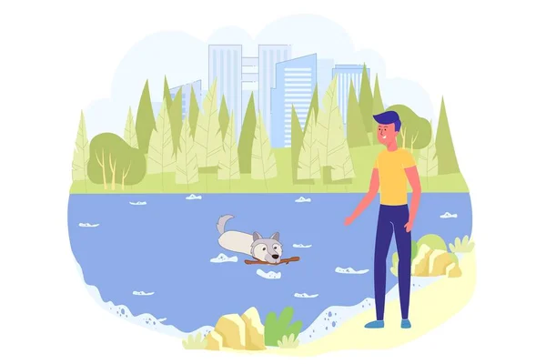 Teen Boy on Walk in Park with his Pet at Weekend. — Stock Vector