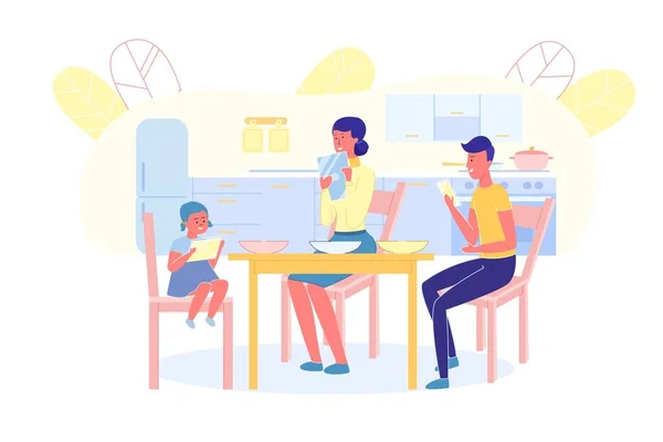 Famille dans la salle à manger et tenant un téléphone portable — Image vectorielle