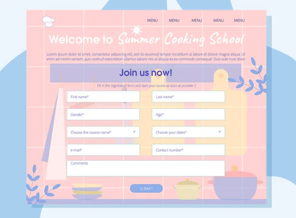 Summer Cooking School Online regisztráció Banner. — Stock Vector