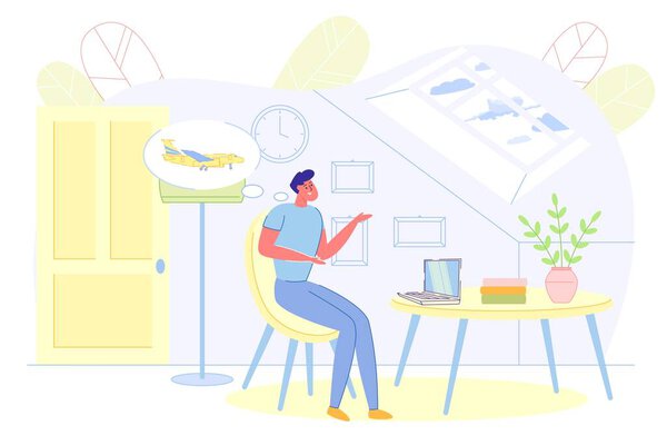 Young Man Working on Laptop and Dreams on Flight