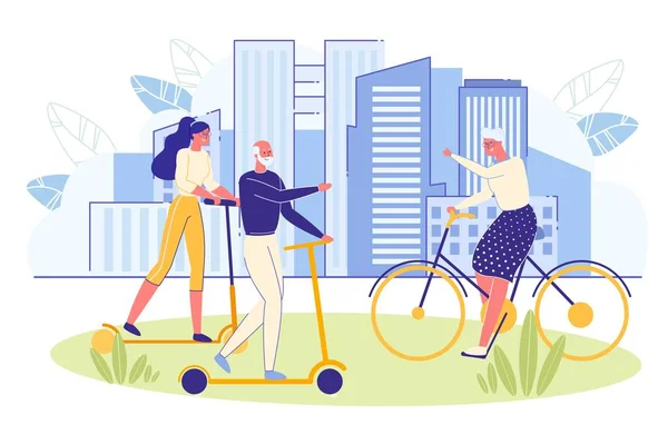 Personas mayores energéticas en bicicleta y scooter . — Vector de stock