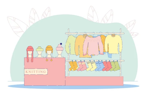 Intérieur du magasin de laine avec vêtements chauds pour l'hiver . — Image vectorielle