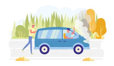 Arkadaş Orman Arkaplanında Kırık Araba İtti.