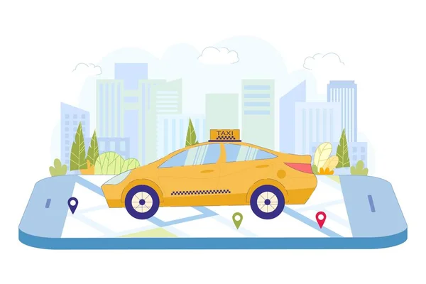 Movimiento Taxi coche se rastrea en el mapa del teléfono inteligente . — Vector de stock