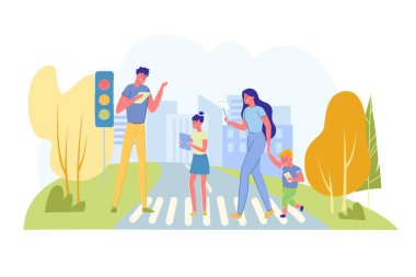 Ebeveynler ve Çocuklar Telefonla Yaya geçidinden Geçiyorlar