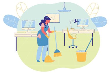 Temizlikçi kadın ofiste düzeni sağlıyor..