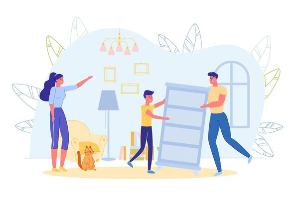 Family Engaged in Furniture Rearrangement at Home