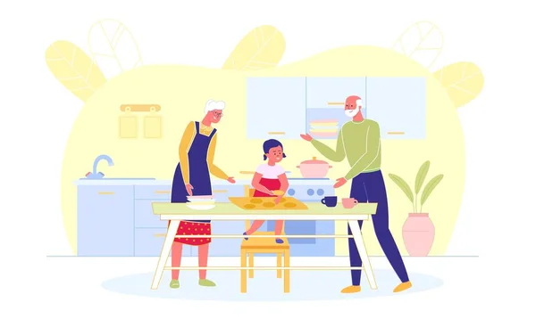 Cozinhar Jantar com os avós no Big Kitchen . — Vetor de Stock