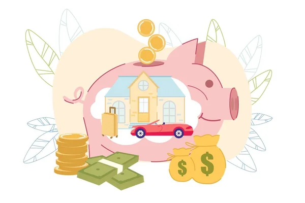 Big Piggy-Bank with Car, House, Travel Luggage — Stock Vector