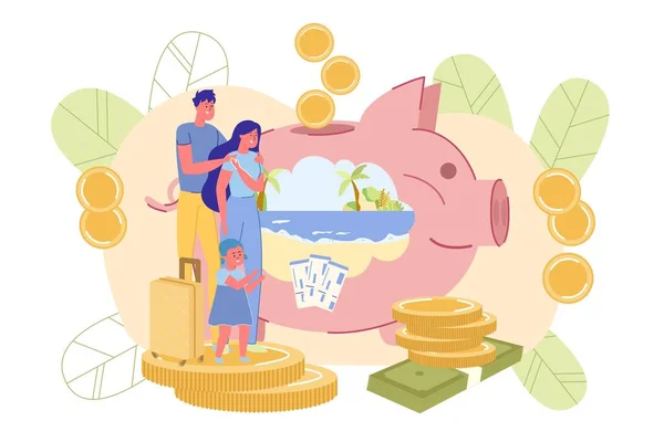 Família feliz e Piggy-Bank com dinheiro para viagem — Vetor de Stock