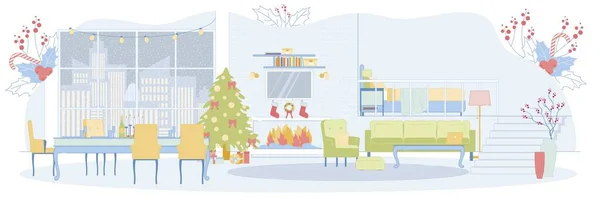 Véspera de Natal na espaçosa sala de estar Loft Style — Vetor de Stock