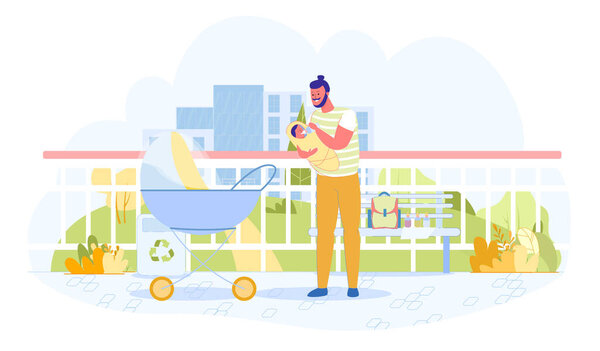 Joyful Father Feeds Baby from Bottle, Cartoon.