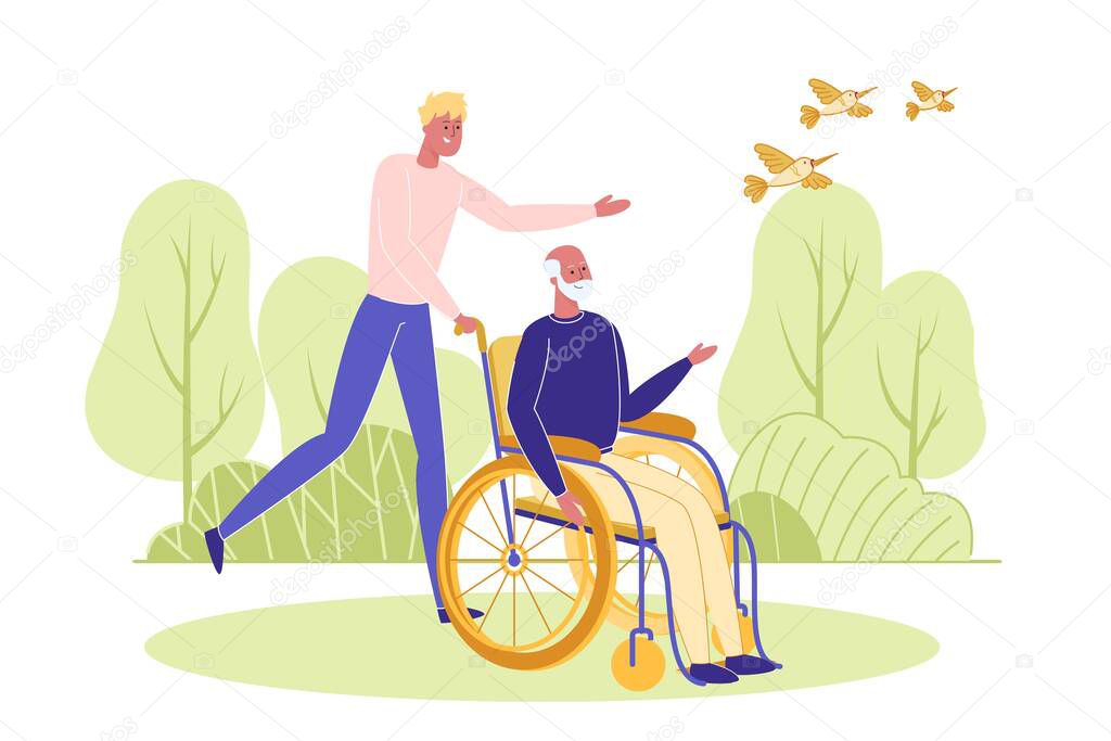 Young Man Assists Elderly Handicapped Person.