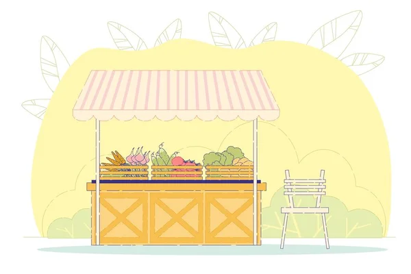 Verkauf frischer landwirtschaftlicher Lebensmittel auf dem Markt unter Sonnenschirm. — Stockvektor