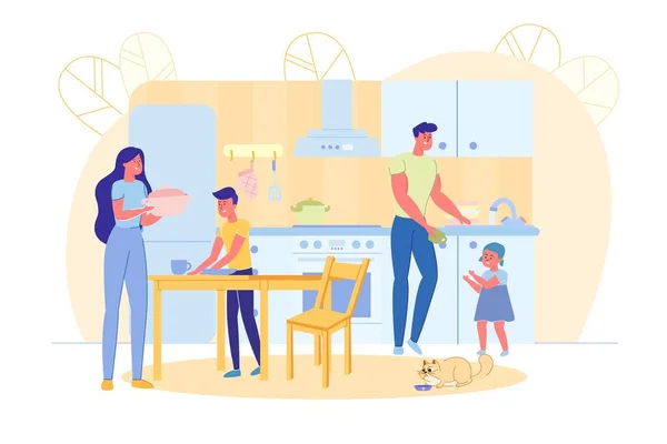 Familia feliz juntos y tareas domésticas en casa — Archivo Imágenes Vectoriales