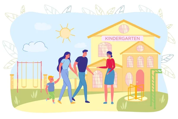 Mutter und Vater tragen Kind in den Kindergarten — Stockvektor