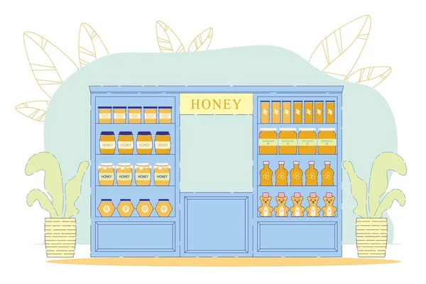 Magasin de production biologique de miel avec bocaux plats . — Image vectorielle
