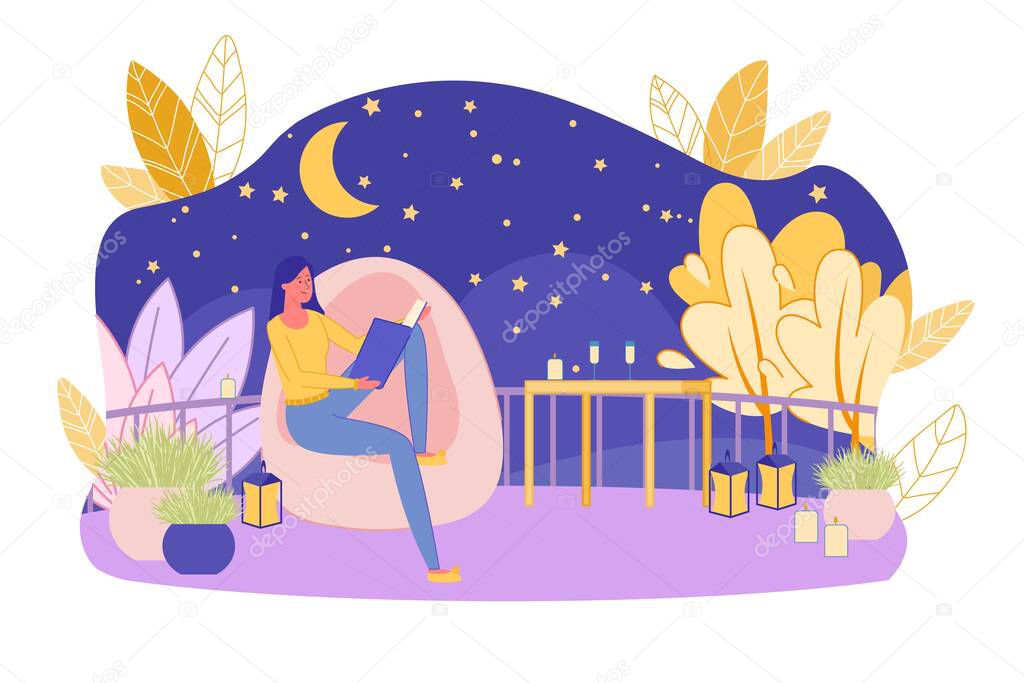 Girl and Romantic Night Atmosphere on Home Terrace
