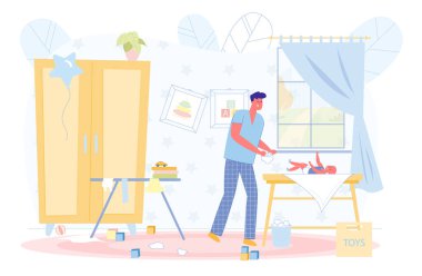 Baba ustalıkla bebek bezi değiştiriyor, çizgi film.