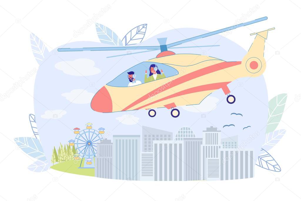 Sightseeing Helicopter Tour Over City, Cartoon.