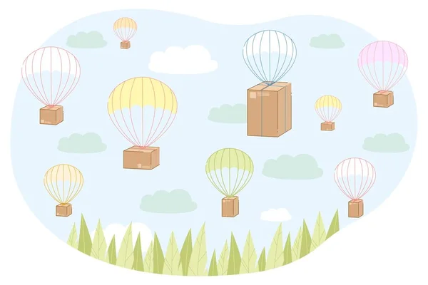 Parcels Flying on Parachutes, E-Commerce Concept. — стоковий вектор