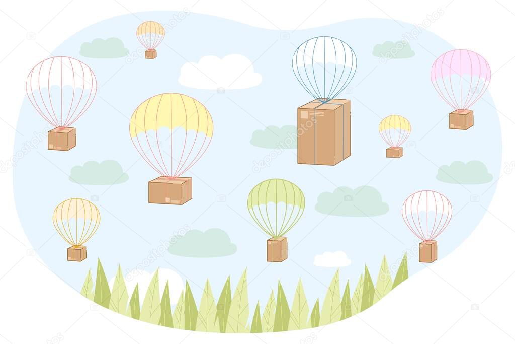 Parcels Flying on Parachutes, E-Commerce Concept.