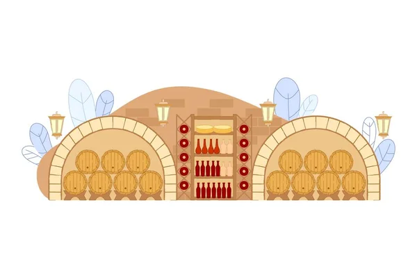 Bodega de vino con barricas de madera y botellas de vino — Vector de stock