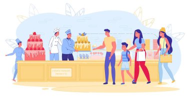 Aile İşletmeleri Şekerleme Ürünleri. Aile, Ev Pastanesi 'nden Büyük Pasta Satın Aldı. Tunikli karı koca, alıcıya kek ikram ediyor. Guy, Sweets 'i seviyor ve hayranlık duyuyor..