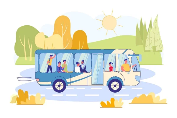 Зручна Поїздка Заміському Автобусі Векторні Ілюстрації Люди Подорожують Громадським Транспортом — стоковий вектор