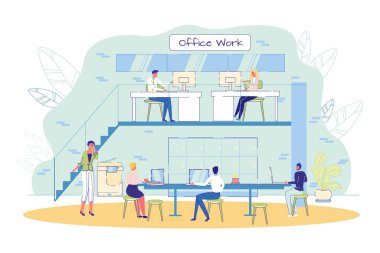 İş yerindeki profesyonel ofis çalışanları çalışma alanını paylaşıyor. Masada oturan, bilgisayarla çalışan, cep telefonuyla konuşan kadın ve erkekler. Paylaşılan Çevre Çalışma Tesisi. Vektör İllüstrasyonu