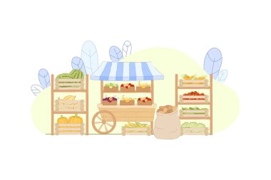 Stall Vector Illustration 'daki kutulardaki Taze Çiftlik Ürünleri Ürünleri. Sağlıklı Yerel Gıda Tarım Pazarı. Sebzeli Patates Domates Kabağı sat. Meyveli Armut Armudu Karpuzu