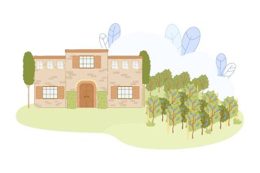 Vineyard Çiftlik Vektörü İllüstrasyonu 'ndaki ev. Üzüm Yetiştiren Kırsal Manzara. Avrupa Seyahat İtalyan Turizmi. Fransa Şarap Bölgesi Ziyaret Bölgesi. Üzüm Şarap Üretimi Alkol Üretimi.