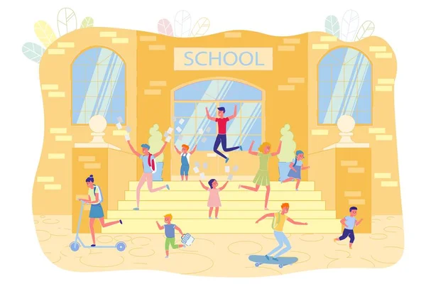 Happy Children Celebrating School Year End Flat Cartoon Vector Illustration — Archivo Imágenes Vectoriales