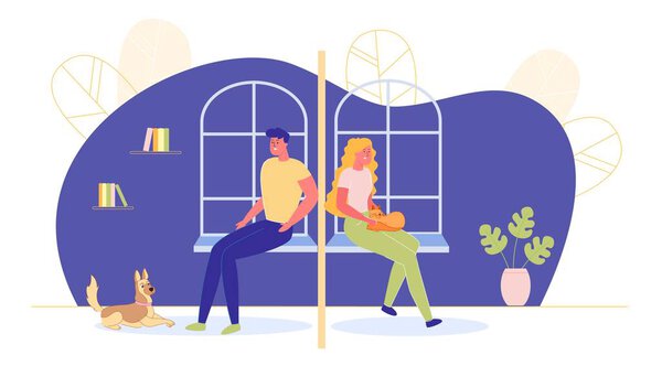 Мужчина и женщина сидят порознь, живут по соседству, но никогда не встречаются. Сегрегация и одиночество, трудности общения с соседями в Метрополисе. Плоский вектор
.