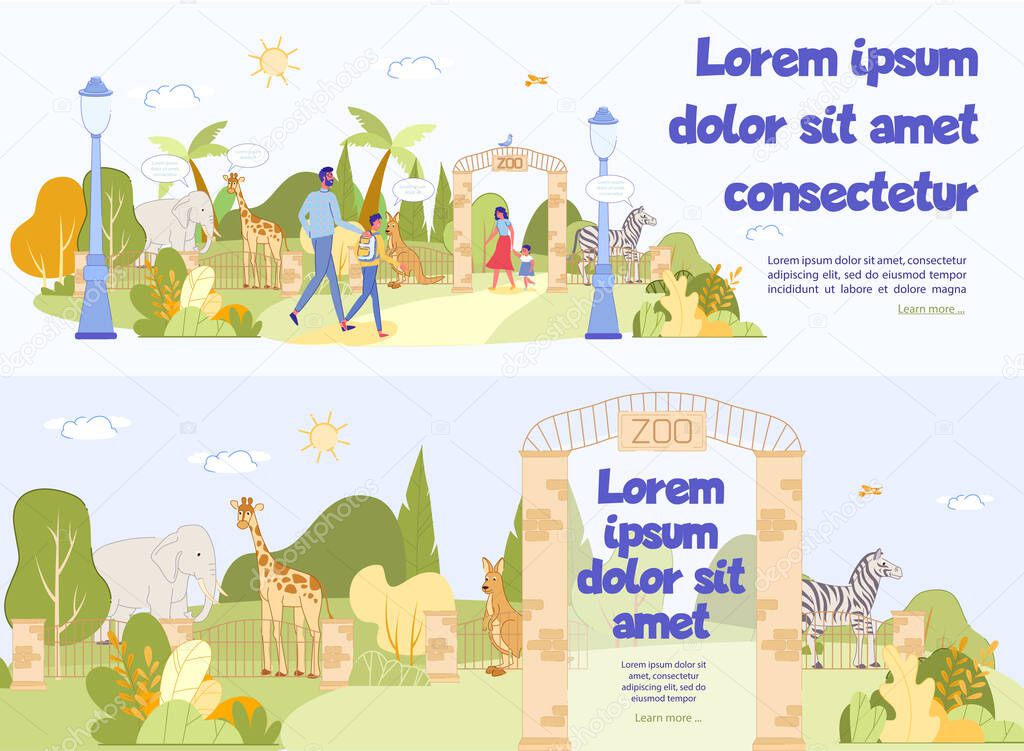 Excursion to Zoo Advertising Header Banner Set. Wild Animal and Tropical Bird behind Fence with Text in Gate Entrance. Happy Parent with Kid Walking on Territory Enjoy Excursion. Vector Illustration