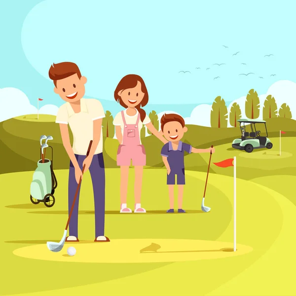 Ilustración de familia feliz en campo de golf jugando al golf . — Vector de stock