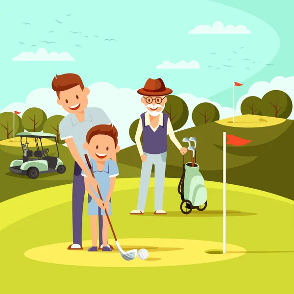 Örömteli apja, és nagypapa, tanítani kisfiú golfozni. — Stock Vector