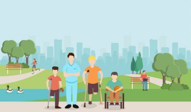 Doktor parkta engelli çocuklar ile. Vektör görüntü.