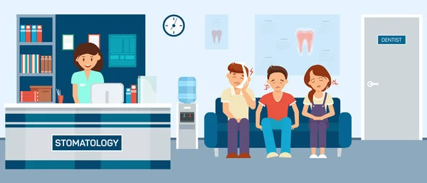 Üzgün hastalar diş ağrısı ile stomatology bekleme odasında oturuyorsun.