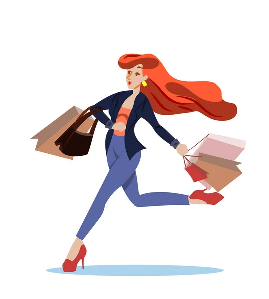 Advertising Flyer Shopping Girl Runs Cartoon. — Stock Vector