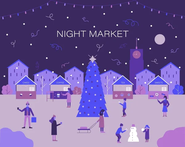 Karácsony esti vásár vagy éjszakai szabadtéri vásár. — Stock Vector
