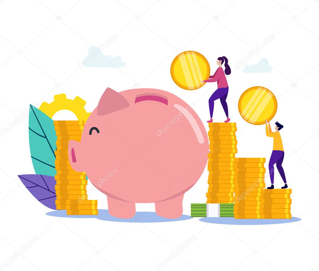 Man and Woman with Coin in Hand near Piggy Bank.